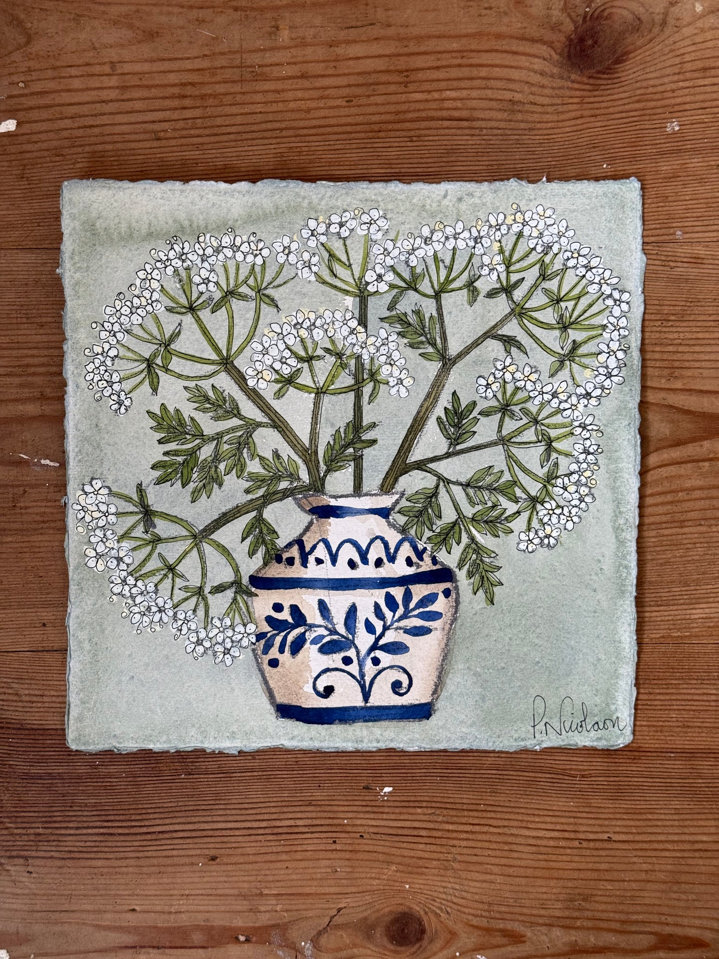 Original Watercolour & Pen Cow Parsley in a vintage Pot