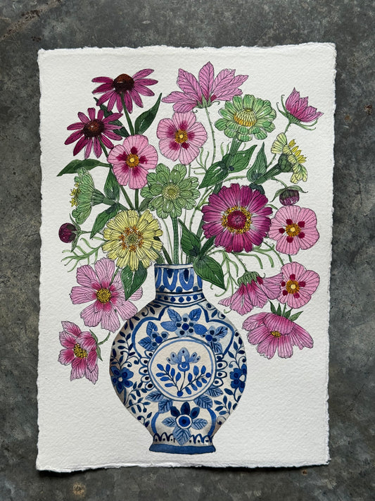 Original, A4 Watercolour painting of Cut garden Flowers in a delft Vase.