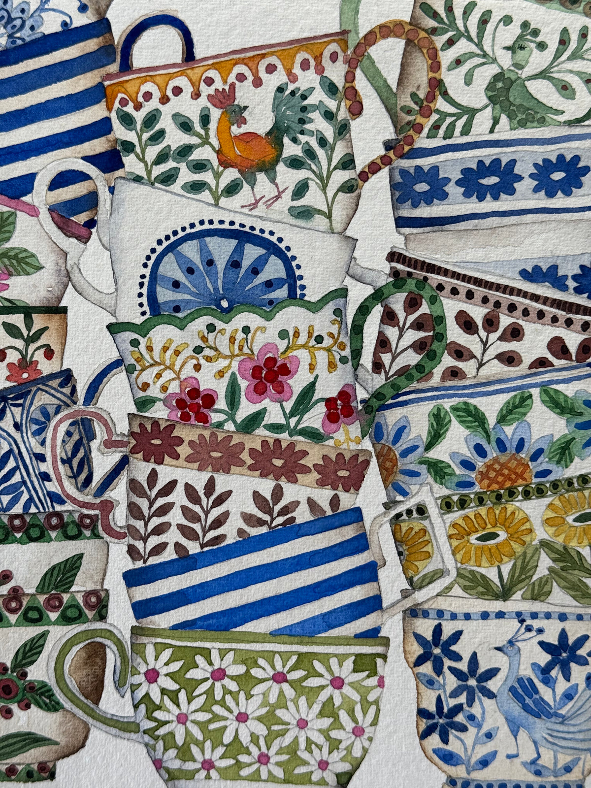 A4, Original, Watercolour, Stacked Teacups & Rooster
