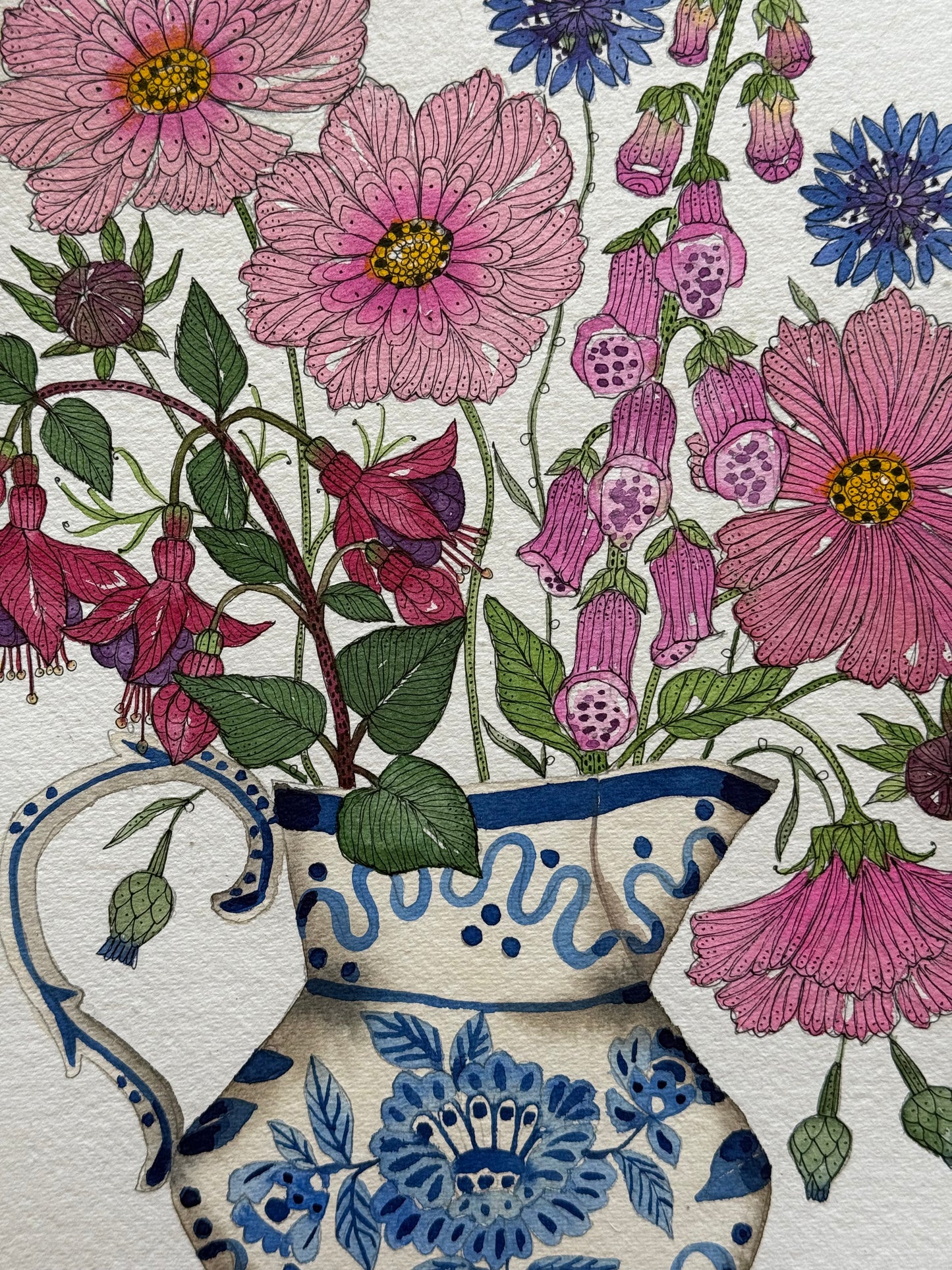 A4, Original Watercolour & Pen Pink Flowers in a blue & white Jug