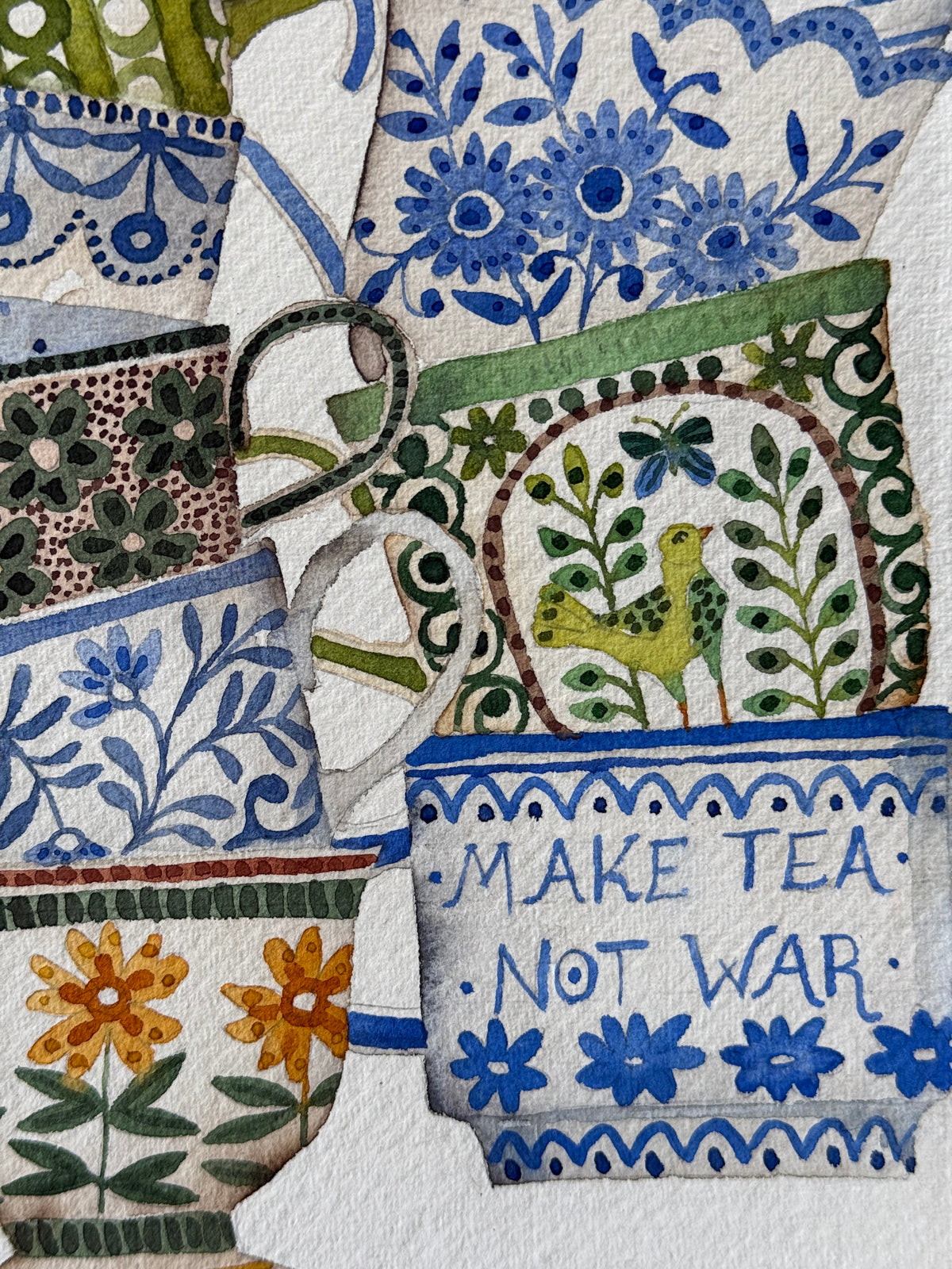 A4, Original Watercolour Stacked Teacups & Conversations