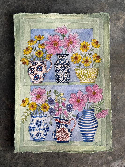 Original, A4 watercolour painting of Cosmos & Helenium in different ceramic Vases.