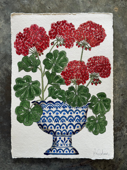 A4, Original Watercolour & Pen Geraniums in a Vessel