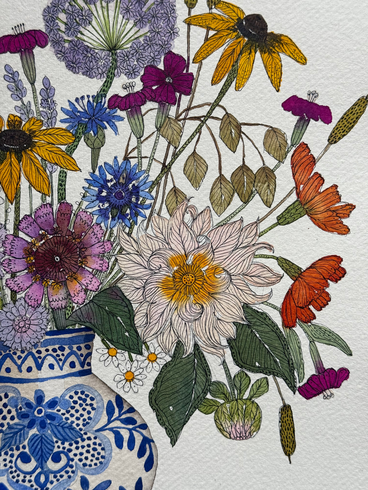 Original Watercolour & Pen Summer Flowers