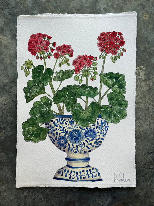 Original, A4 Red Geranium watercolour painting