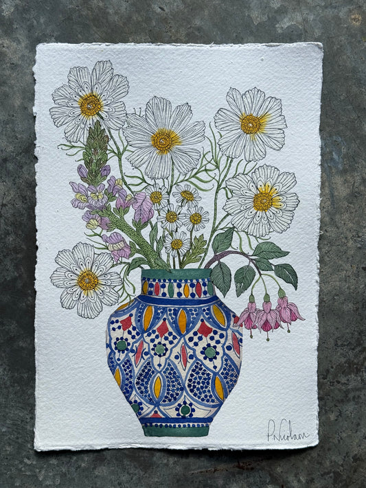 Original, A4 Watercolour Cosmos, Fuchsia, Daisies & a Snapdragon Flower in a Patterned Vase