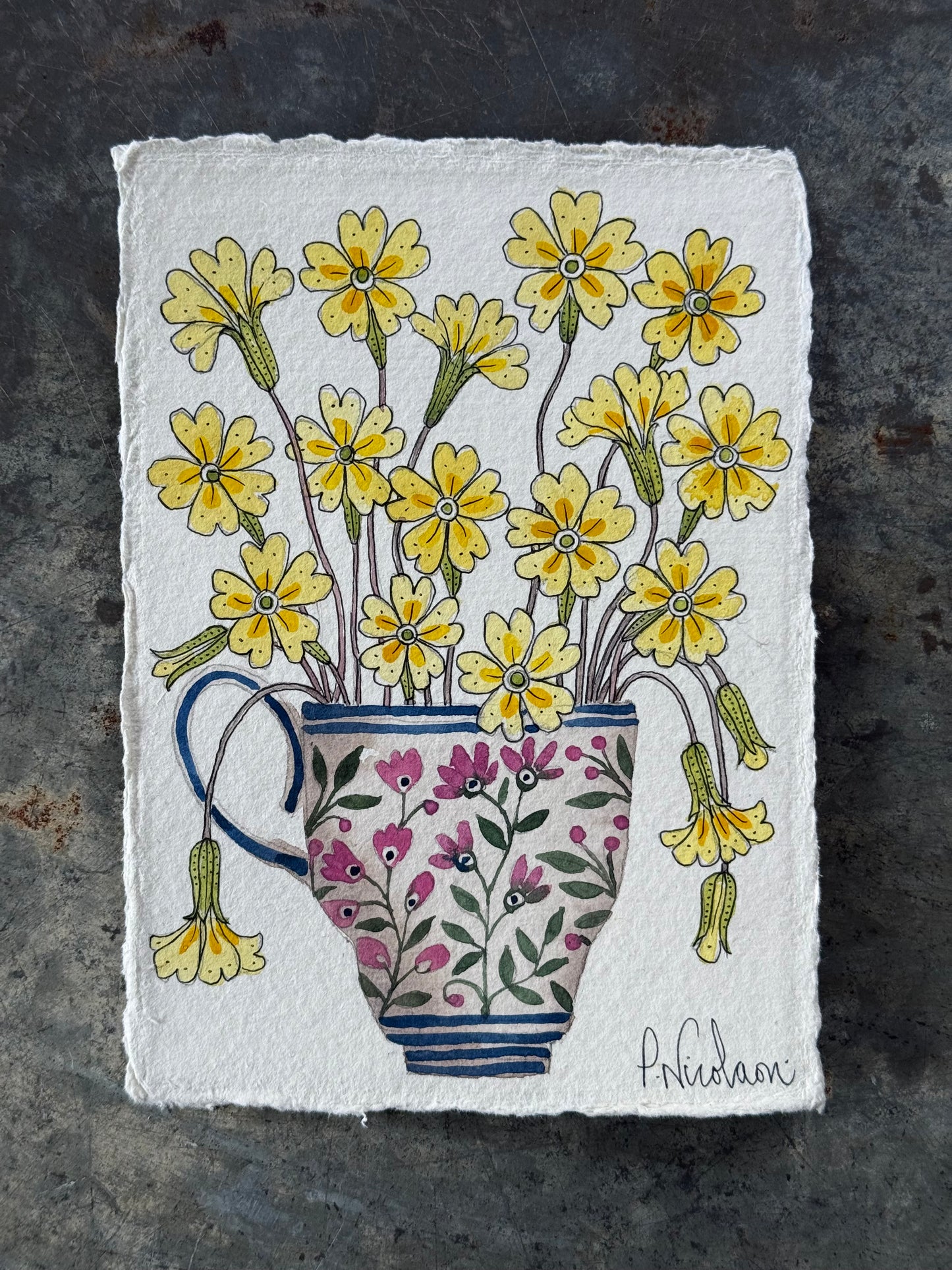 A6, Original Watercolour Primroses in a Teacup