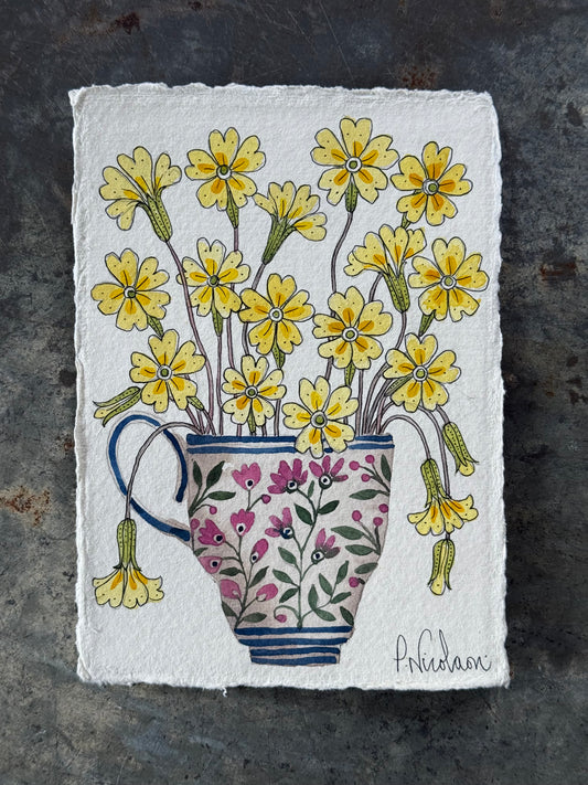 A6, Original Watercolour Primroses in a Teacup