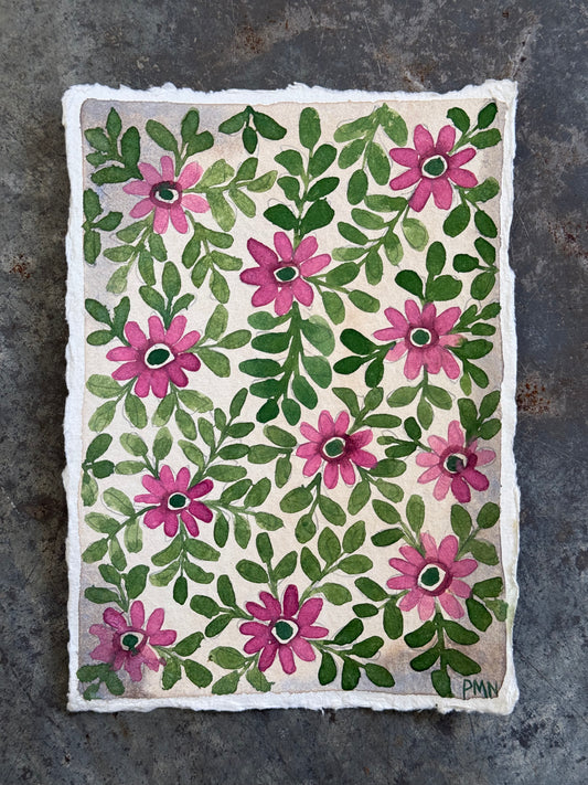 Original, A6 Pink & Green Floral watercolour painting