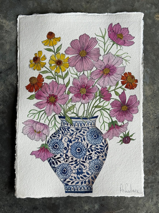 Original, A4 watercolour Cosmos & Helenium Flowers