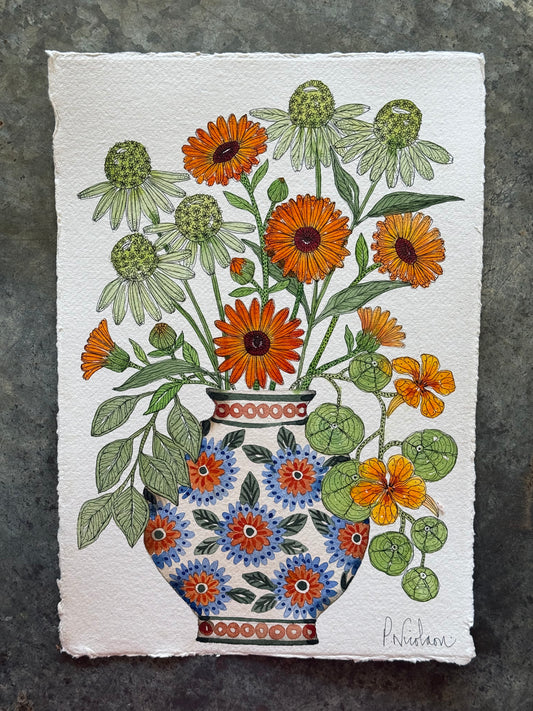 A4, Original Watercolour & Pen Calendula, Echinacea & Nasturtiums in a Vase