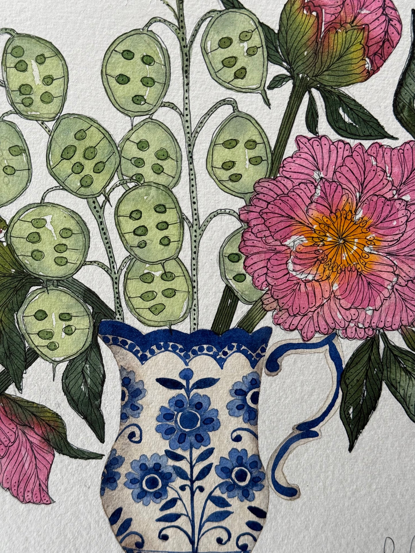 Original, Watercolour Peonies & Honesty Seed Heads