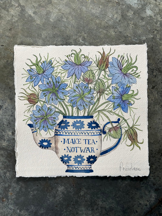 Original, Watercolour Love in a Mist Flowers in a Teapot