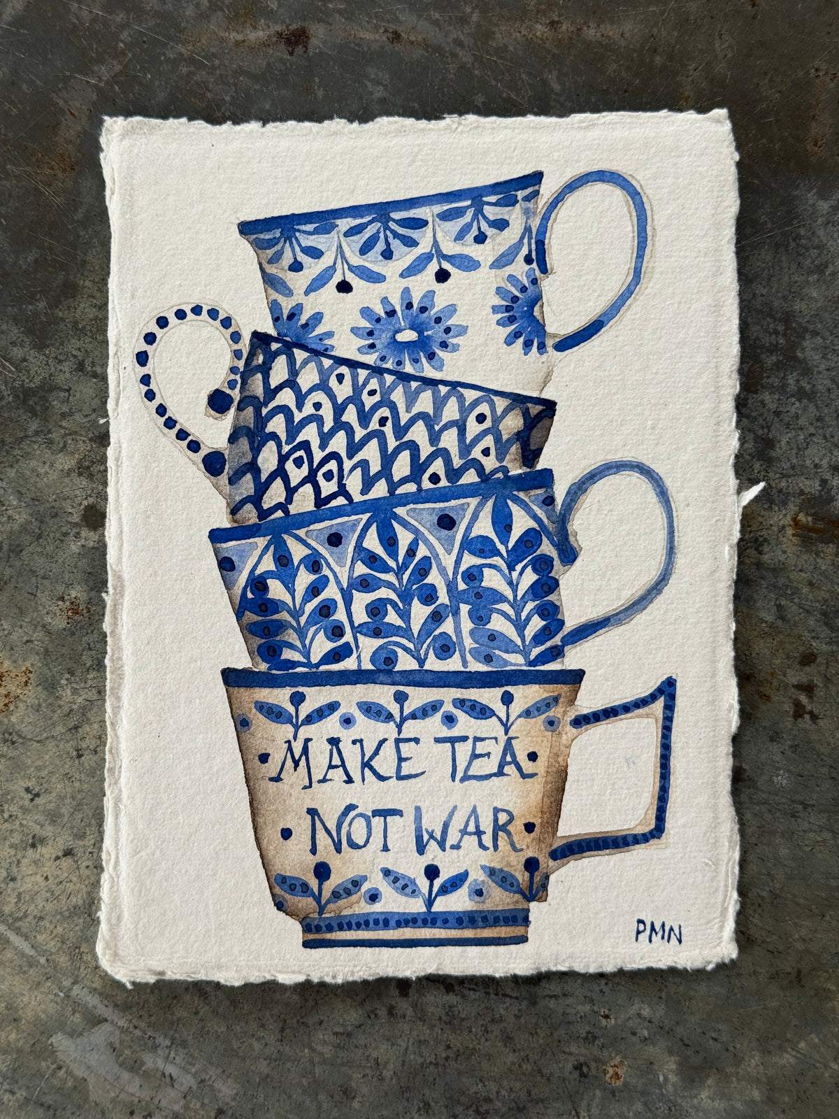 A6, Original Watercolour Stacked Blue Teacups ‘Make Tea Not War’
