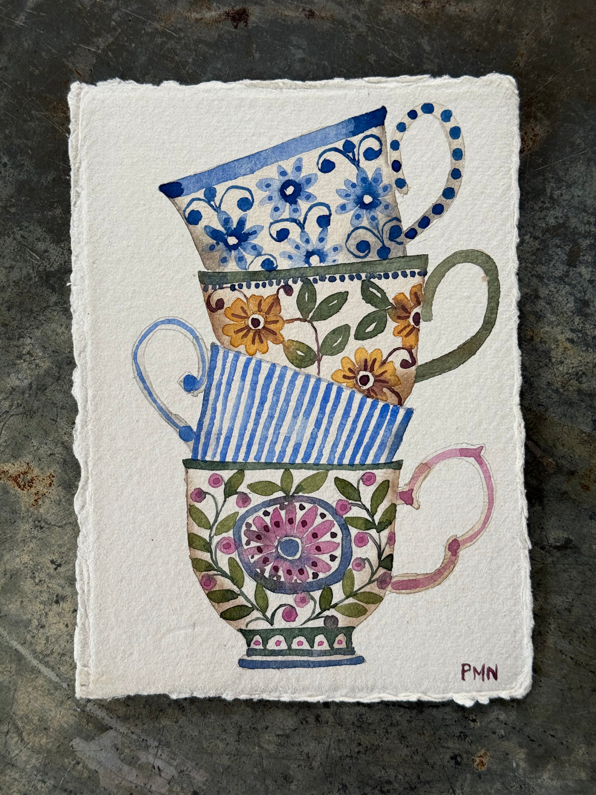 A6 Original, Watercolour Stacked floral & Striped Teacups