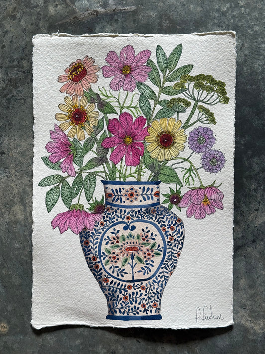 Original, A4 watercolour painting of Zinnias, Cosmos, Scabiosa & Foliage in a Patterned Ceramic Vase.