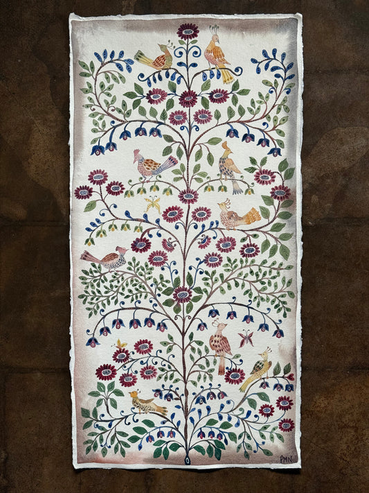 Original, Tall, Watercolour Floral & Bird Pattern Piece