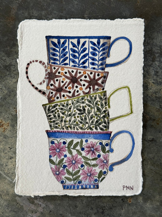 A6, Original Watercolour Stacked Teacups & Stars