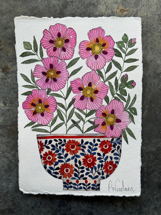 Original, A5 watercolour painting of Cistus Flowers in a little patterned Pot