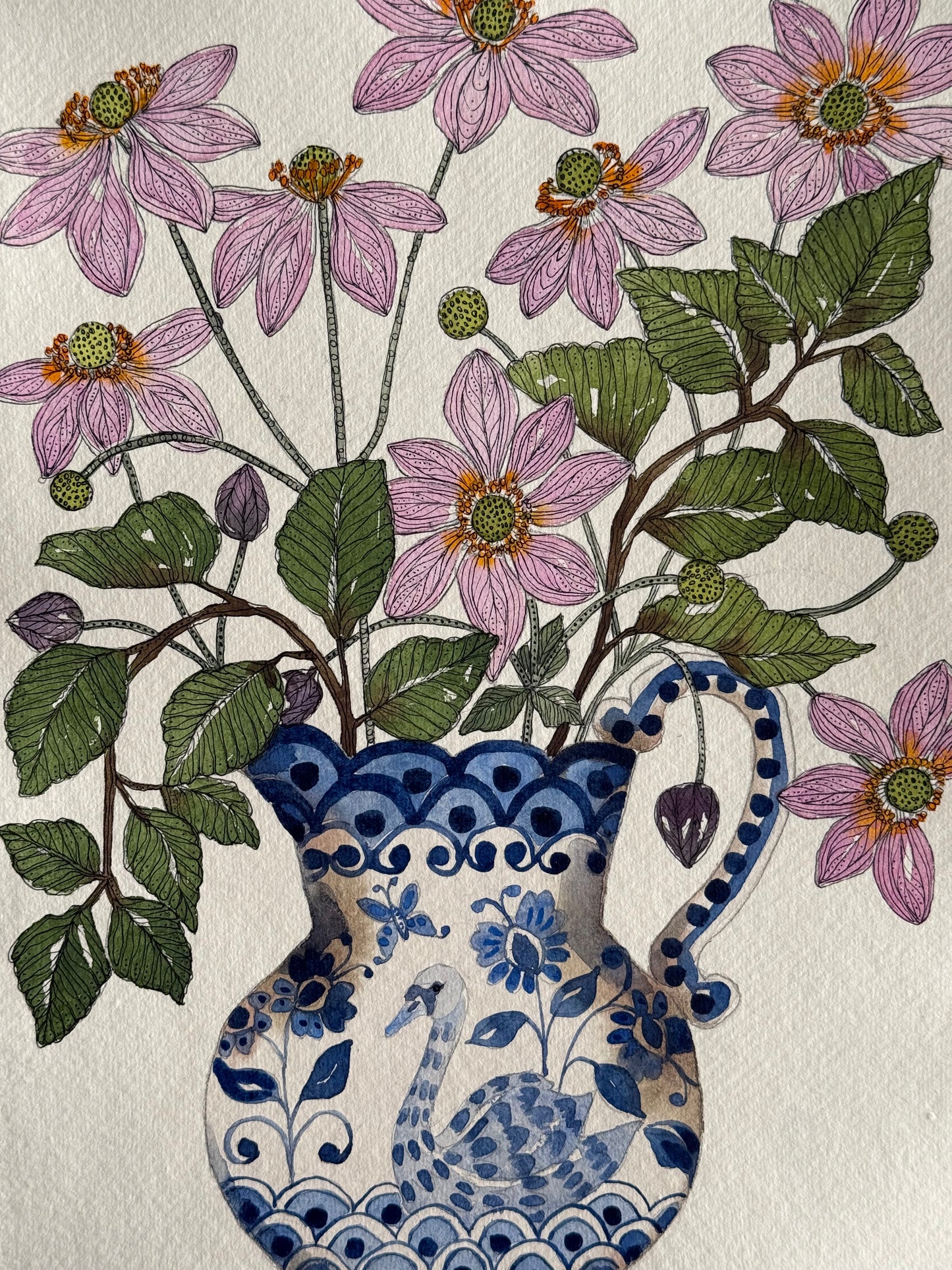 Original, A4 watercolour Anemones and Foliage in a Delft inspired ceramic Vase