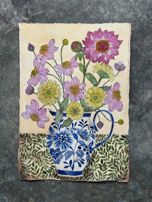Original, A4 Watercolour Anemones, zinnias and a Dahlia arranged in a Delft Vase