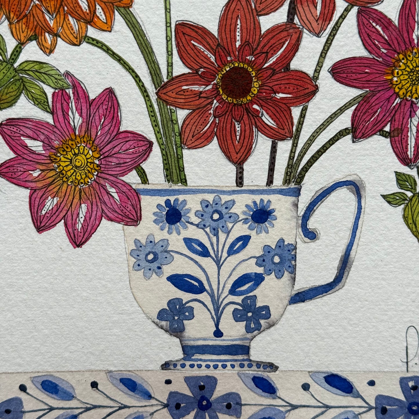 Original, watercolour painting of Dahlias in a little delft teacup.