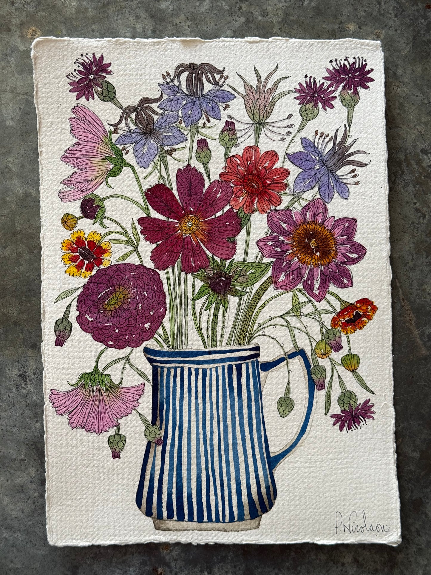 A4, Original Watercolour & Pen Summer Flowers in a Striped Jug