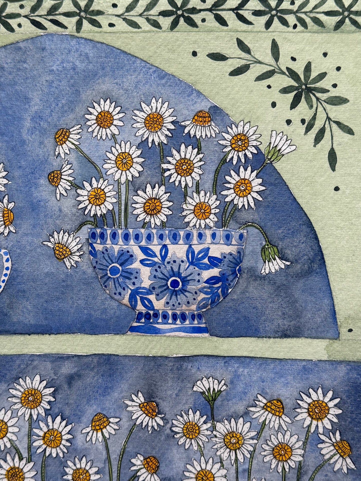 Original, A3 Watercolor painting of Daisy flowers in delftware.