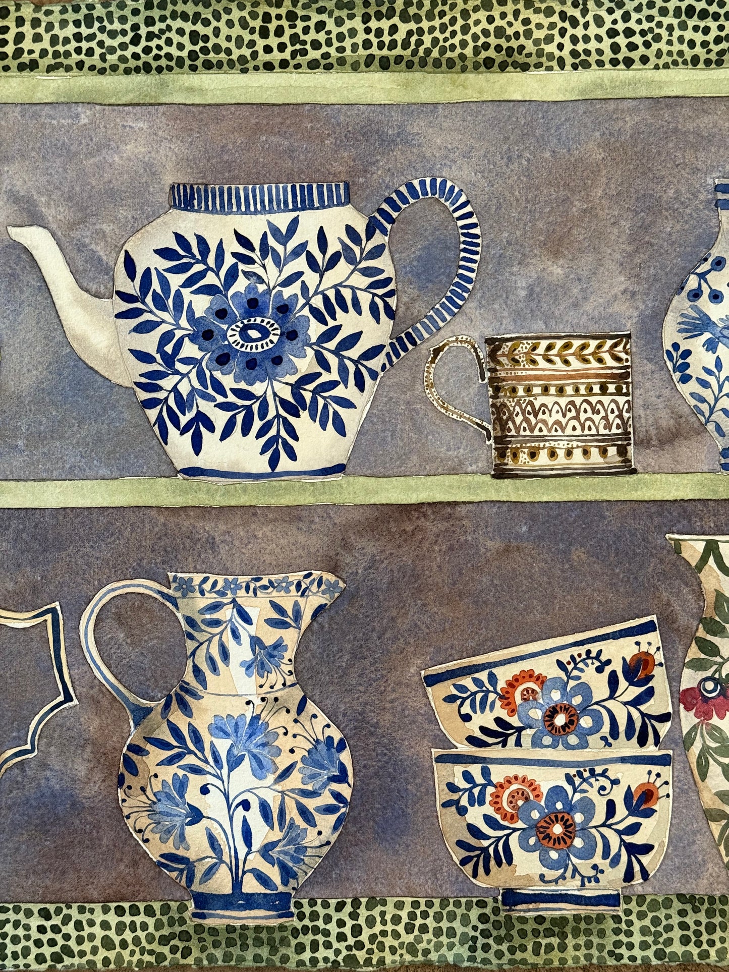 Original, Large Watercolour Stacked Teacups, Jugs & a Teapot