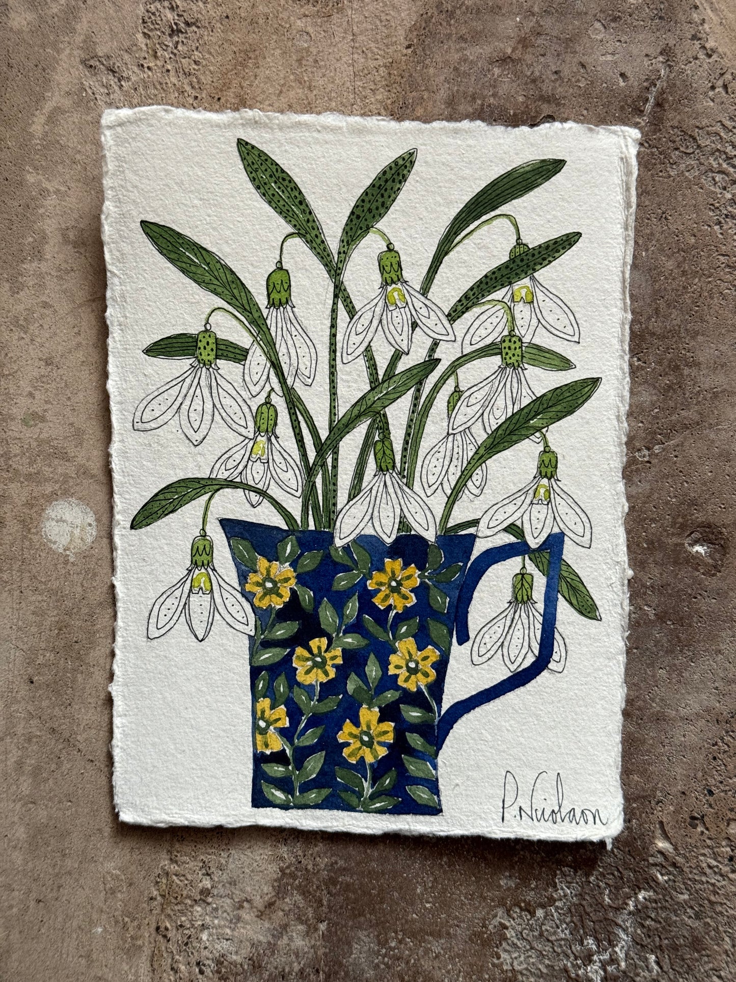 A6,Original, Watercolour Snowdrops in a flower Mug