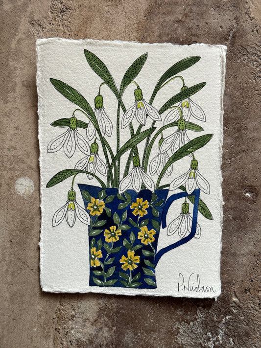 A6,Original, Watercolour Snowdrops in a flower Mug