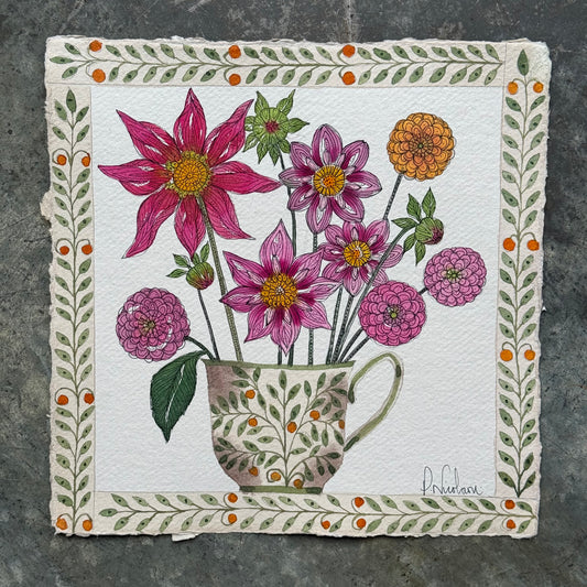 Original, watercolour painting of Dahlias in a little green & orange teacup.