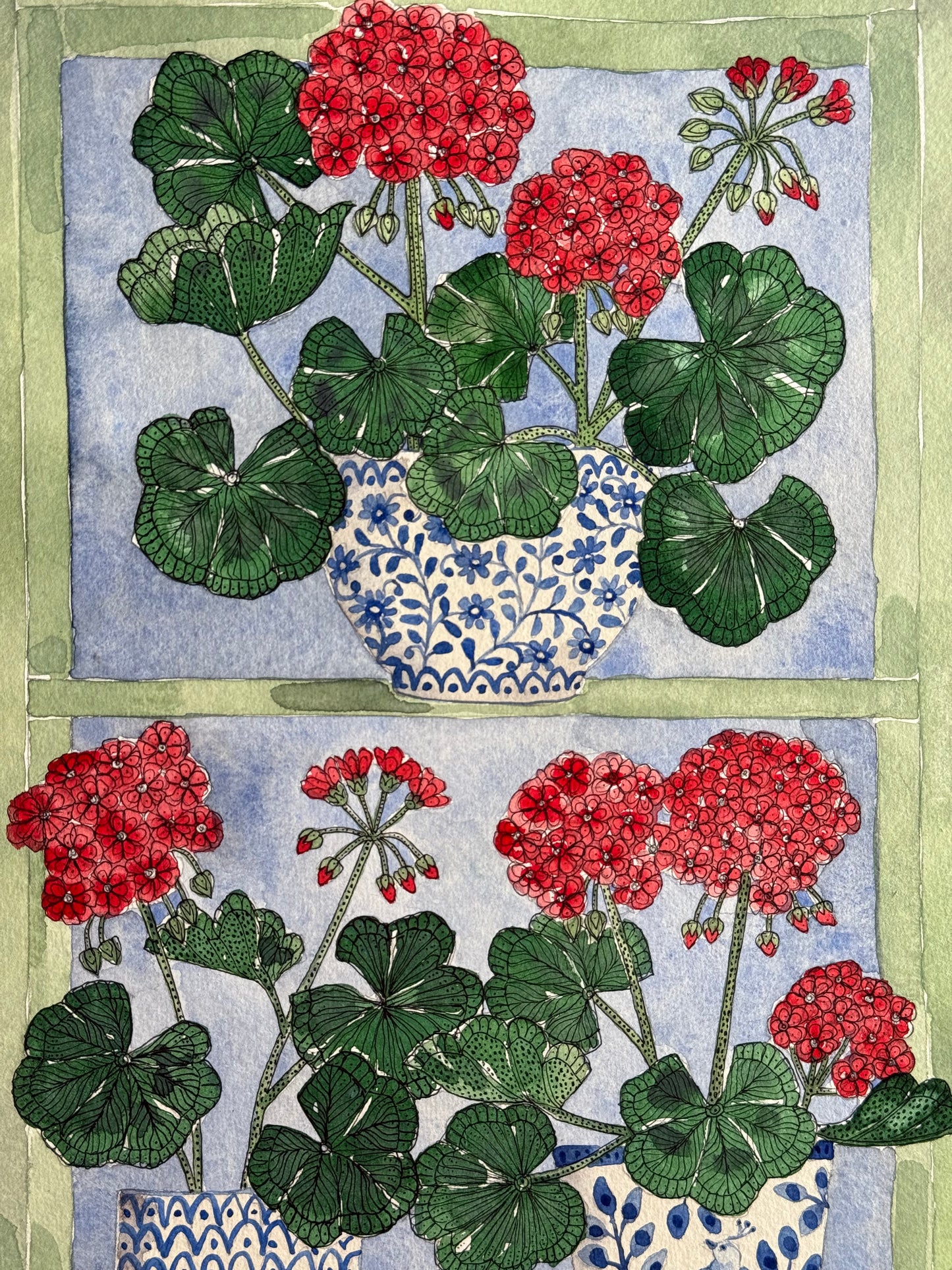 Original (A4) Geraniums on the windowsill, Watercolour Painting.
