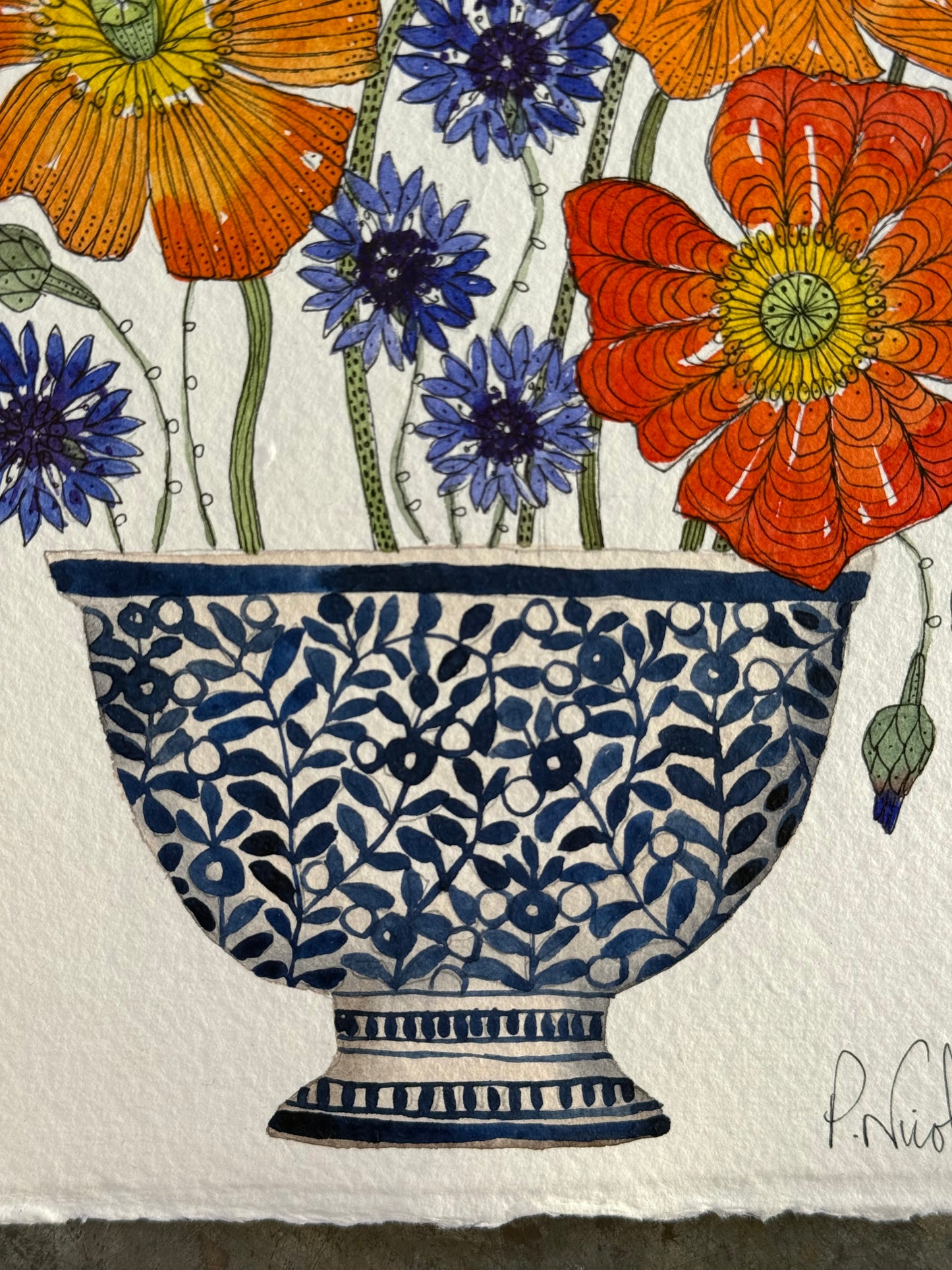 Original, A5 watercolour painting of Cornflowers & poppies