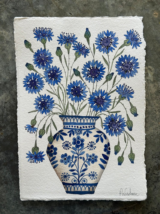 A4, Original Watercolour & Pen Cornflowers in a Delft Vase