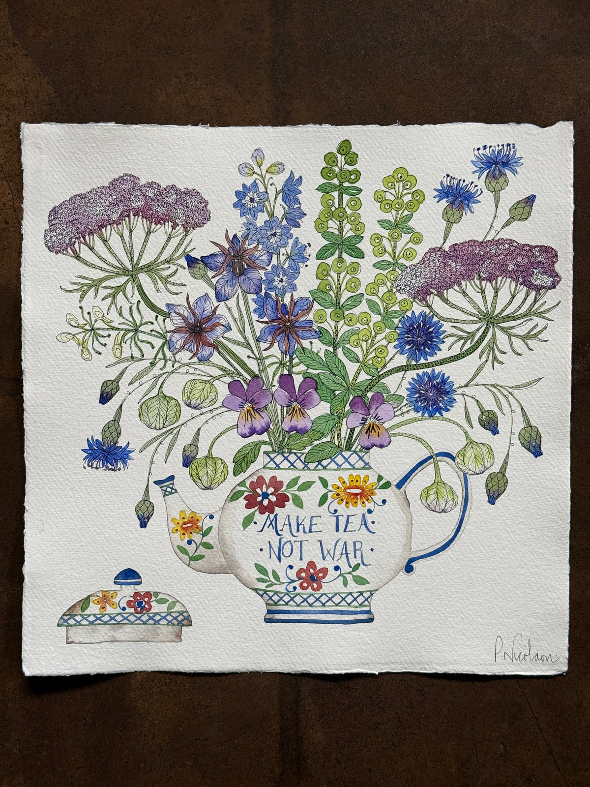 Large Original Watercolour Floral ‘Make Tea Not War’ Painting