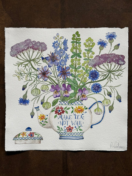 Large Original Watercolour Floral ‘Make Tea Not War’ Painting