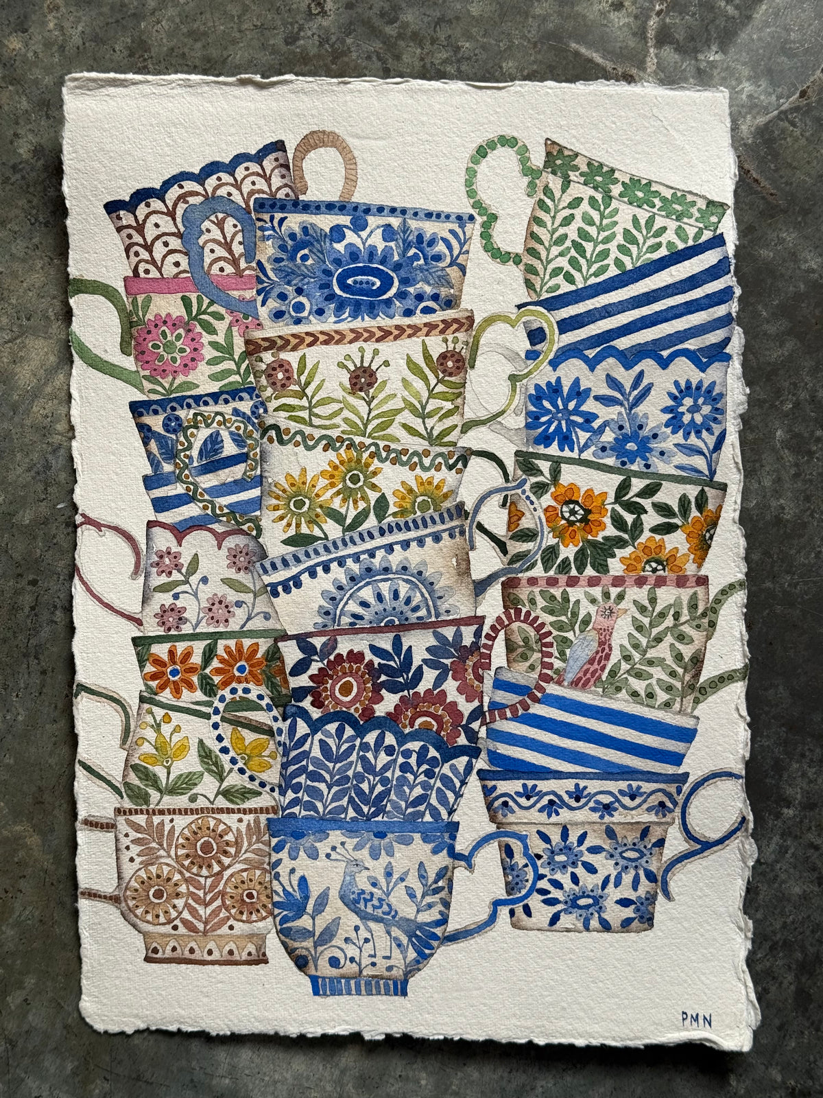 A4, Original Watercolour Stacked Teacups & Birds