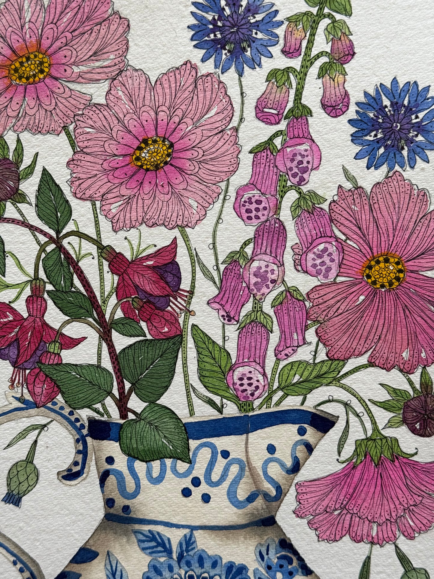 A4, Original Watercolour & Pen Pink Flowers in a blue & white Jug