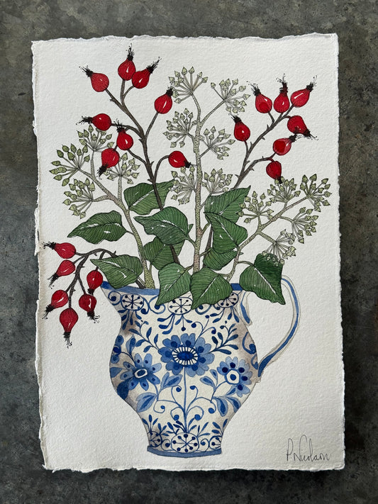 Original, A4 watercolour Ivy & Rosehips in a Delft Jug