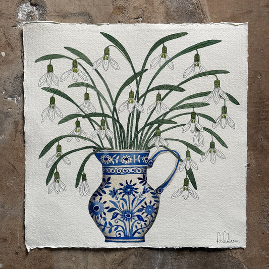 Original, Watercolour Snowdrops in a Delft inspired Jug.
