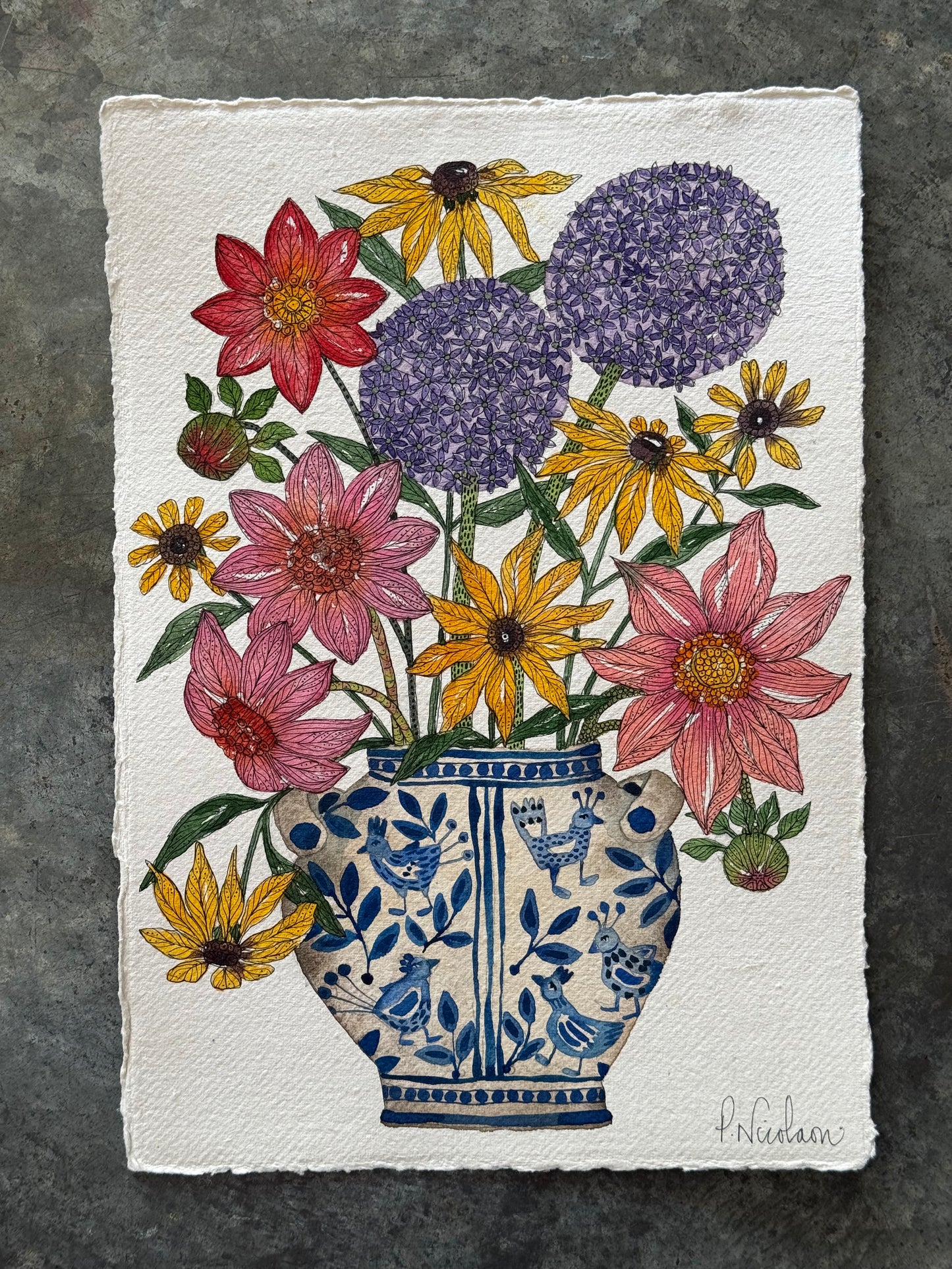 A4, Original Watercolour & Pen Summer Flowers in a Bird Vase