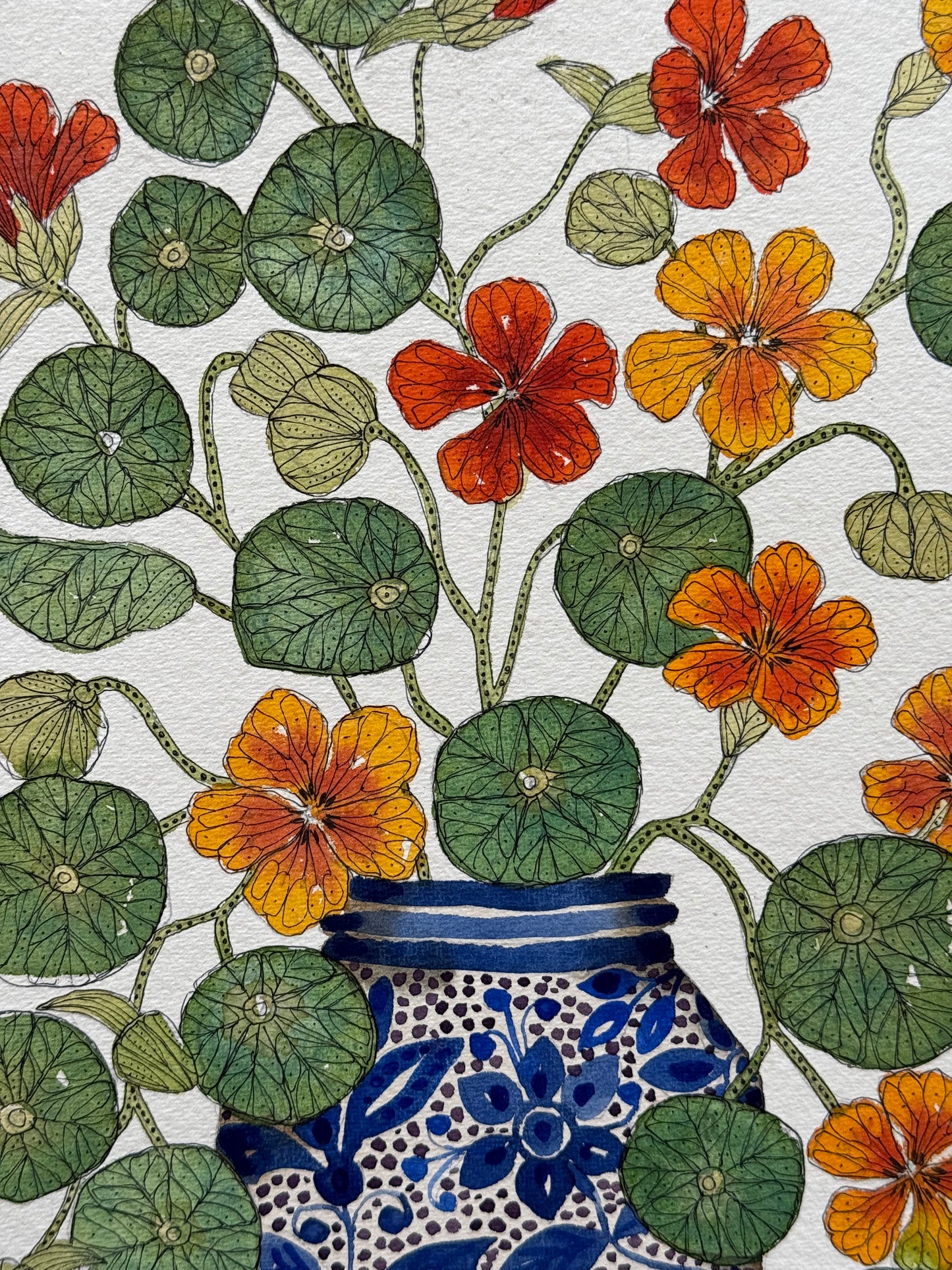 A4, Original Watercolour & Pen Nasturtium Flowers