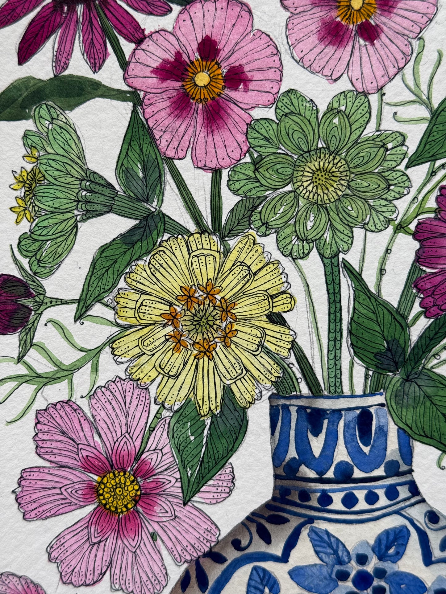 Original, A4 Watercolour painting of Cut garden Flowers in a delft Vase.