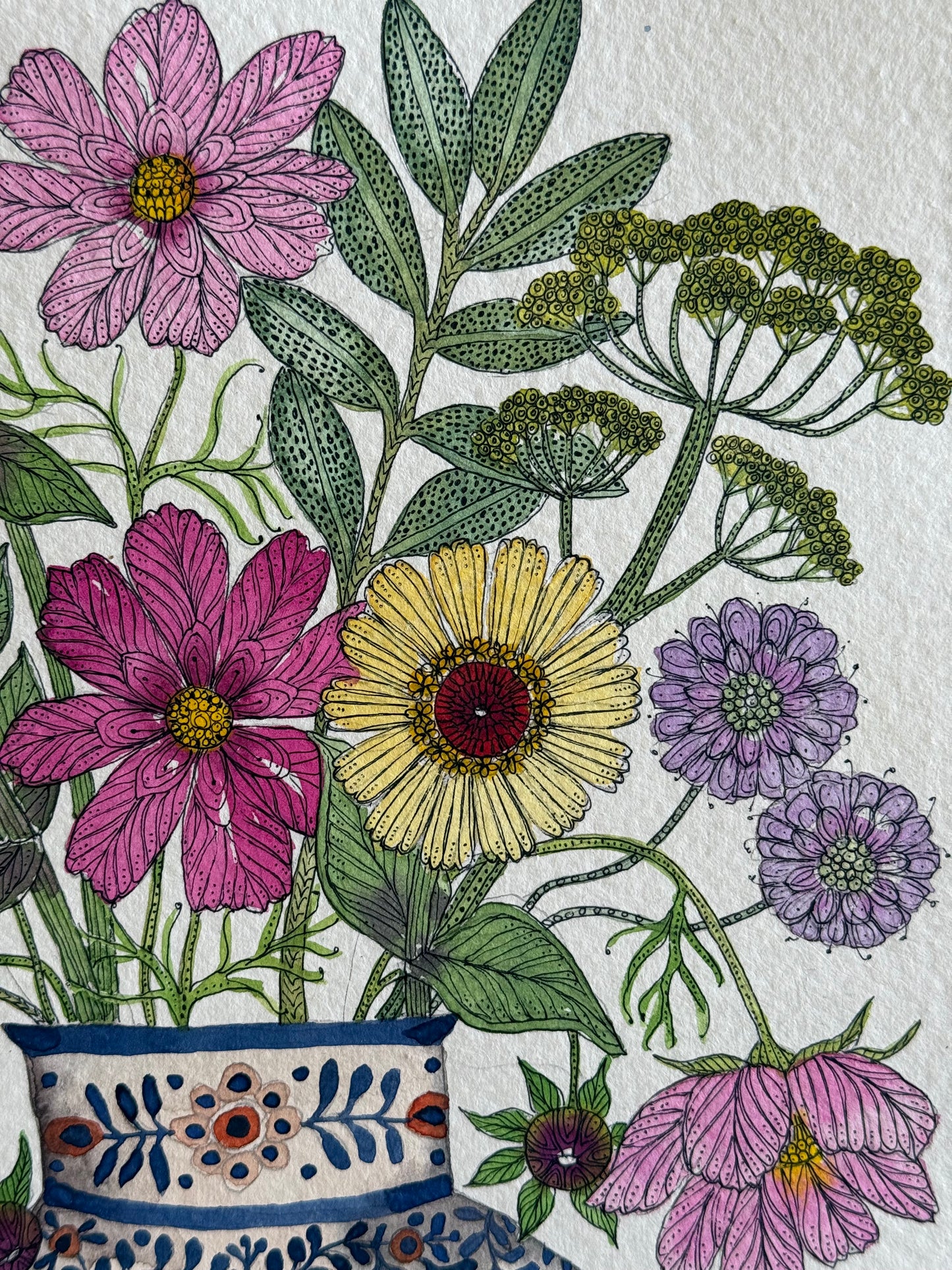 Original, A4 watercolour painting of Zinnias, Cosmos, Scabiosa & Foliage in a Patterned Ceramic Vase.