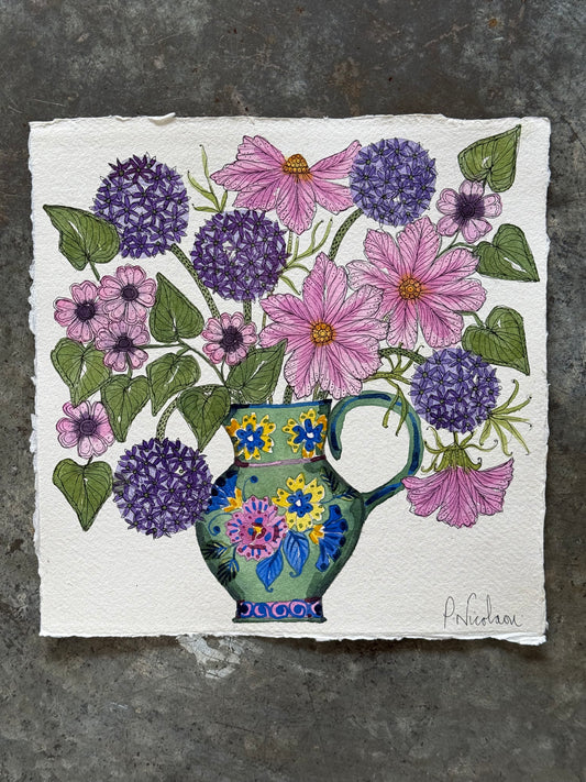 Original Watercolour Pink & Purple Flowers in a Jug