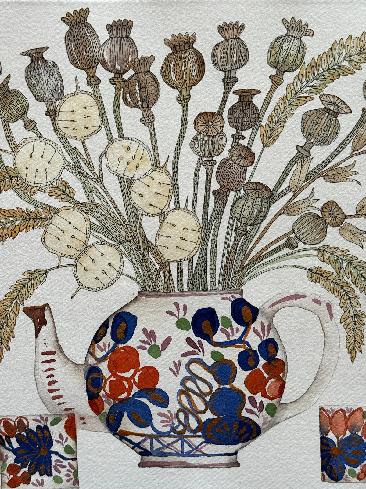 Large, Original Watercolour Dried Flowers in Gaudy Welsh Teapot