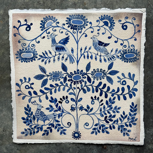 Original, Watercolour Delft Birds & Pattern.