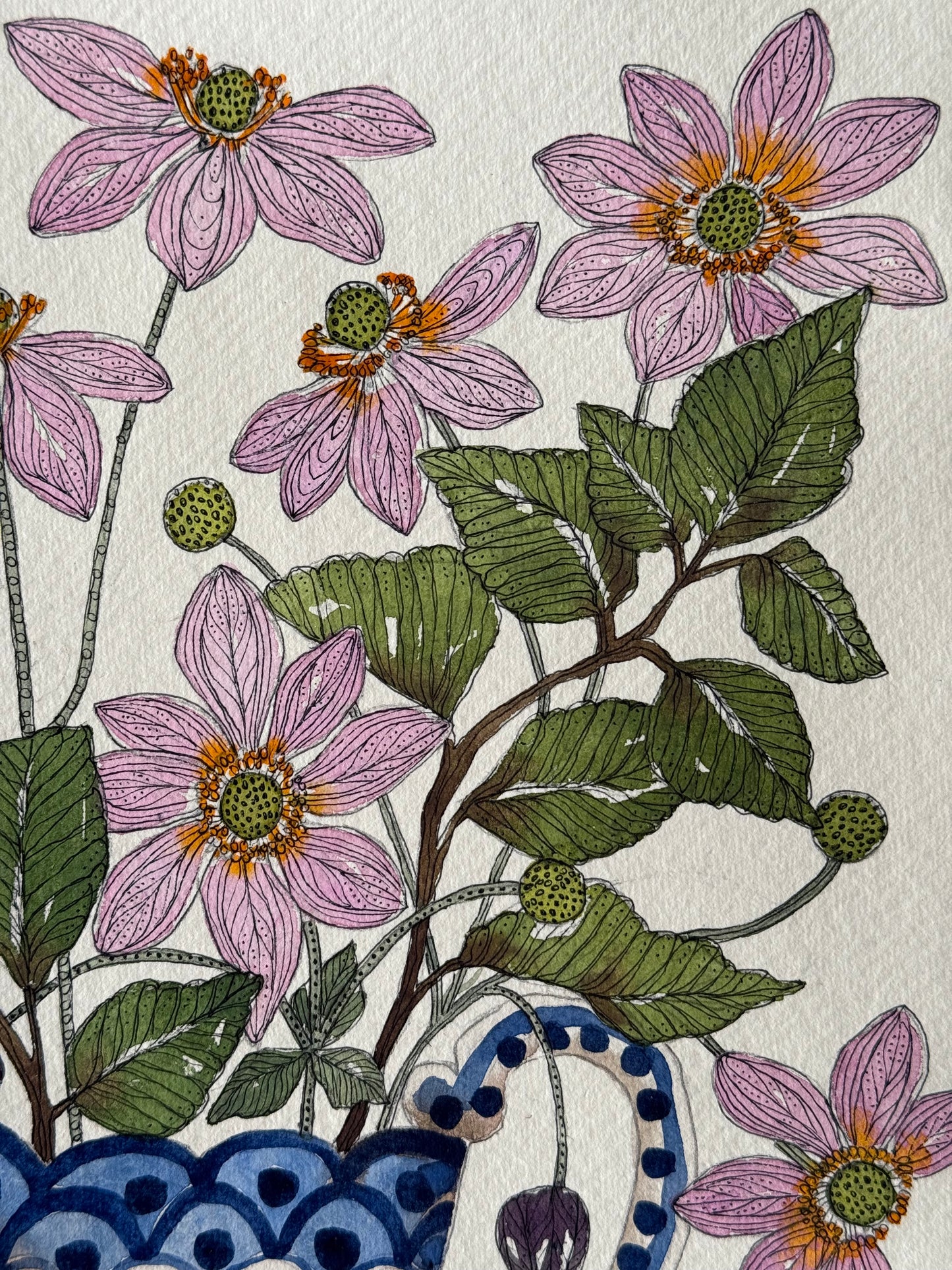 Original, A4 watercolour Anemones and Foliage in a Delft inspired ceramic Vase