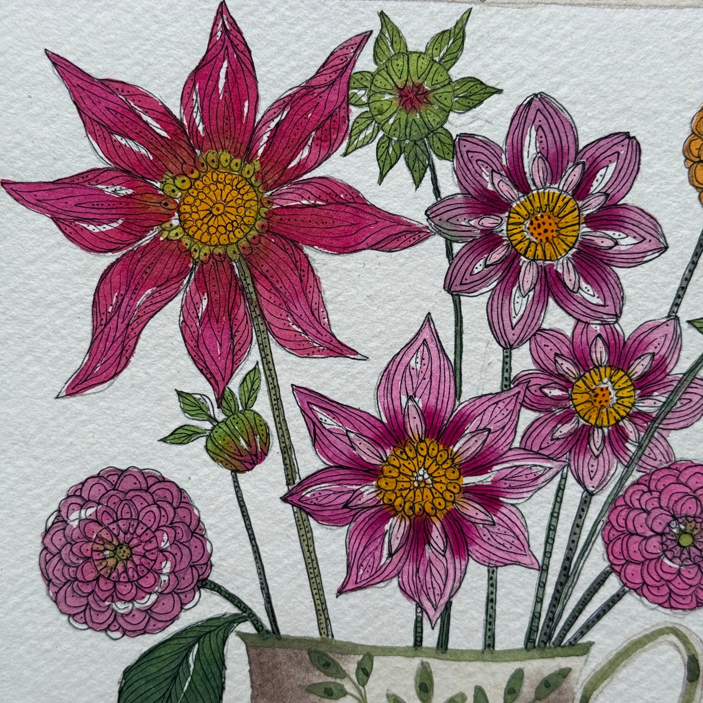Original, watercolour painting of Dahlias in a little green & orange teacup.